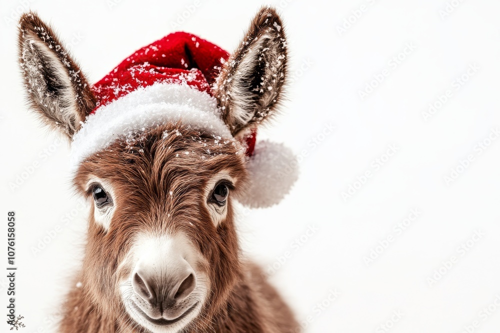 A cute donkey in a red and white Christmas and New Year's hat on a white background with a Christmas tree and fir branches. A Christmas card with a cute animal. Winter wallpapers. Copy space A cute donkey in a red and white Christmas and New Year's hat on a white background with a Christmas tree and fir branches. A Christmas card with a cute animal. Winter wallpapers. Copy space