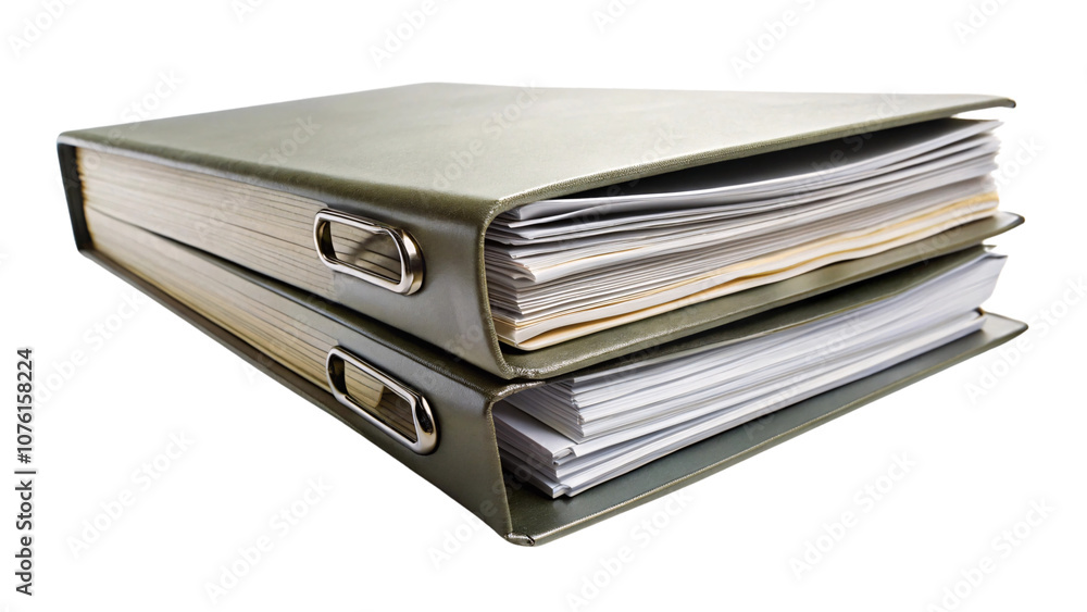 Two green binders filled with documents, organized and neatly stacked, symbolizing a focus on efficient office storage and document handling, set against a transparent background Two green binders filled with documents, organized and neatly stacked, symbolizing a focus on efficient office storage and document handling, set against a transparent background