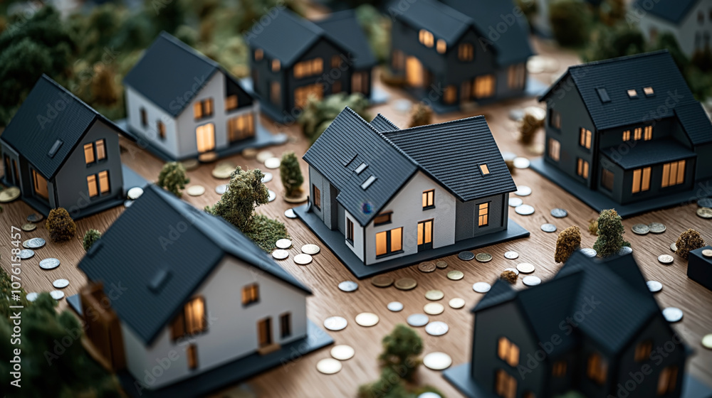 Miniature model houses on a wooden surface surrounded by coins symbolizing real estate investment or property market with focus on financial aspects and housing development. Miniature model houses on a wooden surface surrounded by coins symbolizing real estate investment or property market with focus on financial aspects and housing development.