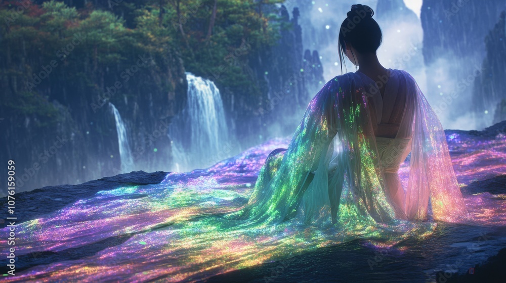 Woman in Hanfu Sitting on Ground with Holographic Fabric Illusion of Mountains and Rivers, Rainbow Color Scheme and Soft Lighting Woman in Hanfu Sitting on Ground with Holographic Fabric Illusion of Mountains and Rivers, Rainbow Color Scheme and Soft Lighting