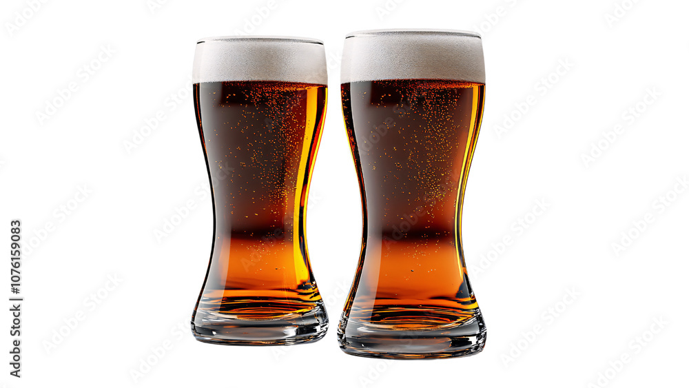 Tall beer glasses with amber liquid and frothy tops, displaying bubbles, perfect for a social or celebratory moment, set against a transparent background Tall beer glasses with amber liquid and frothy tops, displaying bubbles, perfect for a social or celebratory moment, set against a transparent background