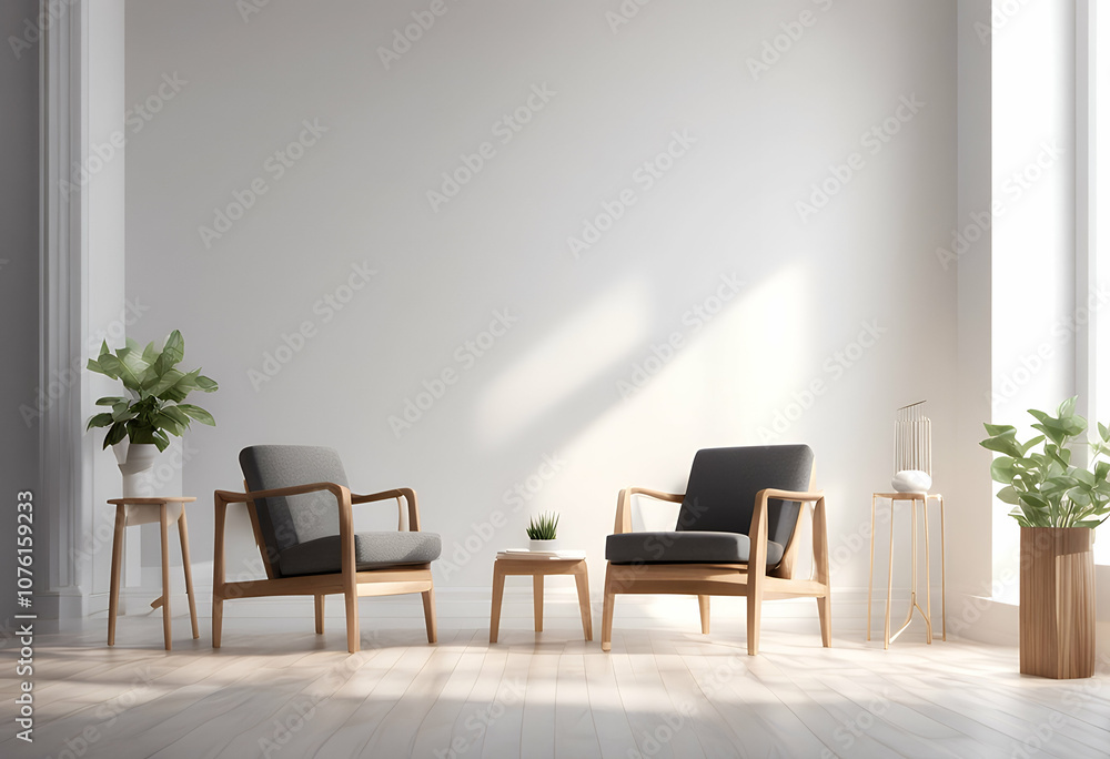 3d living wall mock design render copy room empty illustration space white wooden chairs 3d living wall mock design render copy room empty illustration space white wooden chairs