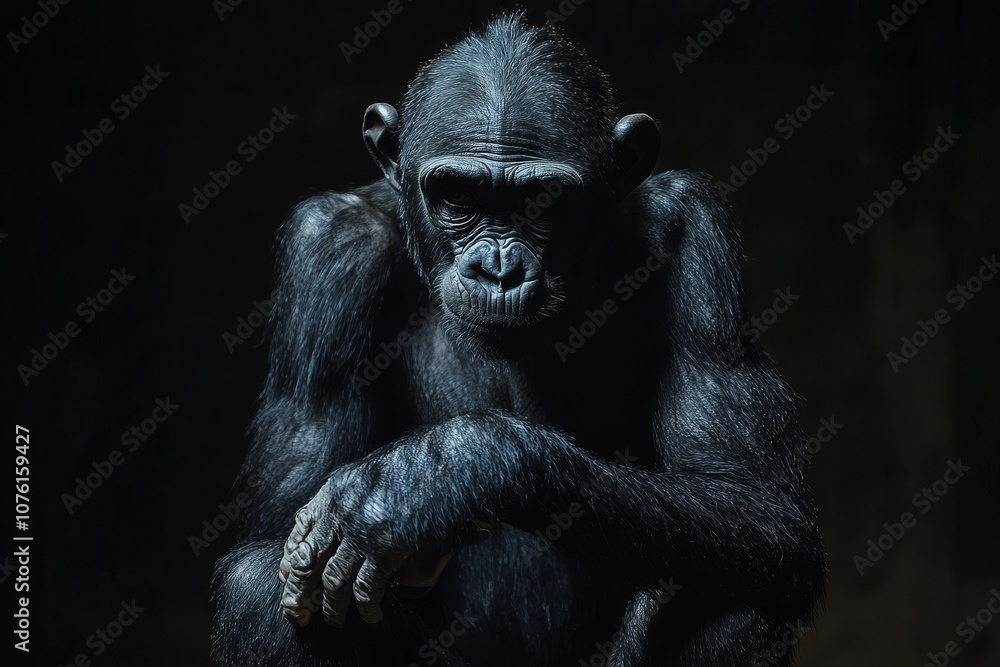 Fototapeta premium Monkey Day. Cute monkey on a black background. Animal wallpapers. A postcard with a funny mammal.
