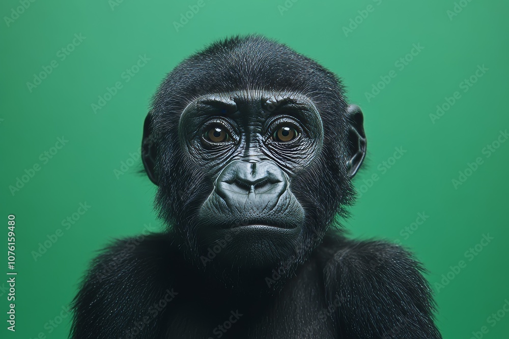 Fototapeta premium Monkey Day. Cute monkey on a green background. Animal wallpapers. A postcard with a funny mammal.