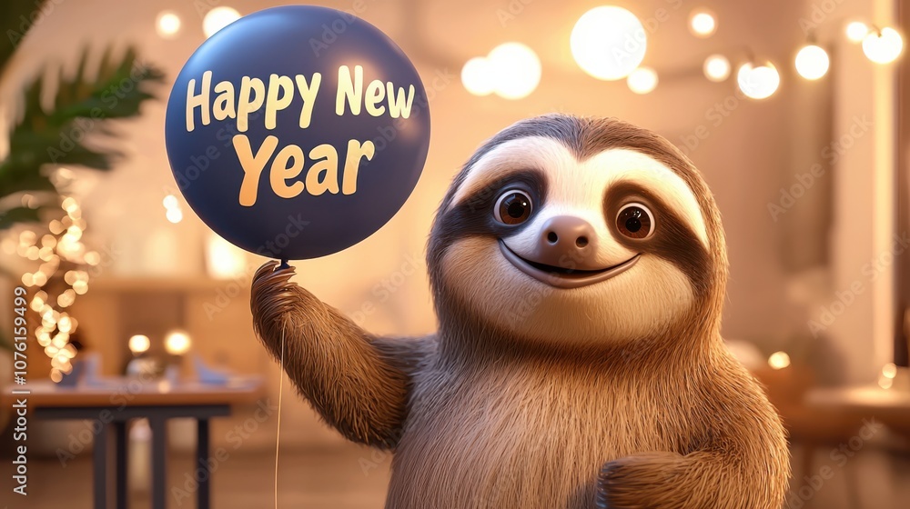 Obraz premium A cheerful sloth holds a blue balloon that says 