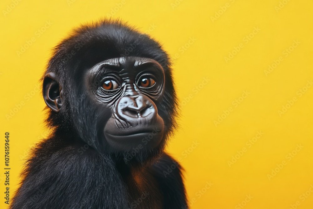 Obraz premium Monkey Day. Cute monkey on a yellow background. Animal wallpapers. A postcard with a funny mammal.