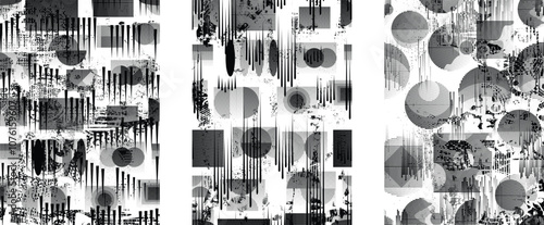 Set of glitch distorted grunge overlay textures. Collection of overlaying textures with halftone dots, scratches and lines .Screen print vector layers pack. Overlays with grunge textured surface