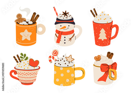 Christmas chocolate and eggnog drinks, winter holiday hot cups, vector icons. Christmas eggnog or milk punch beverages in cups and mugs, hot chocolate drinks for New Year and Xmas greeting card