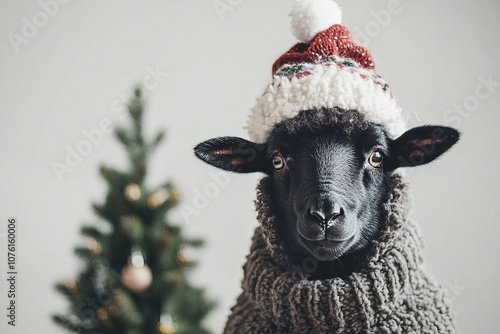 A cute sheep in a red and white Christmas and New Year's hat on a white background with a Christmas tree and fir branches. A Christmas card with a cute animal. Winter wallpapers. Copy space photo