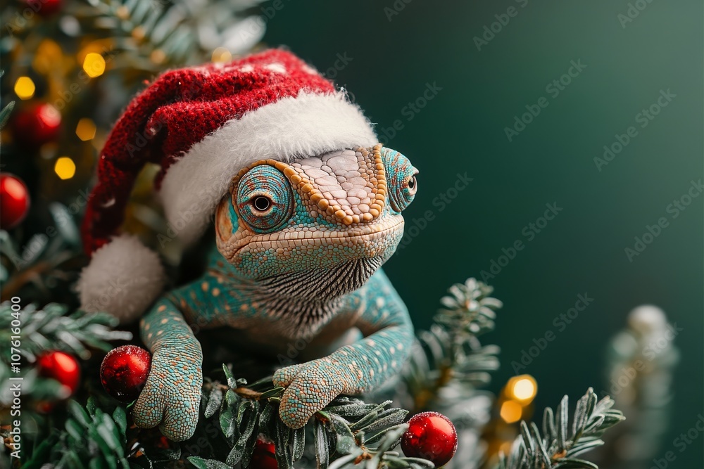 A cute chameleon in a red and white Christmas and New Year's hat on a green background with a Christmas tree and fir branches. A Christmas card with a cute animal. Winter wallpapers. Copy space A cute chameleon in a red and white Christmas and New Year's hat on a green background with a Christmas tree and fir branches. A Christmas card with a cute animal. Winter wallpapers. Copy space