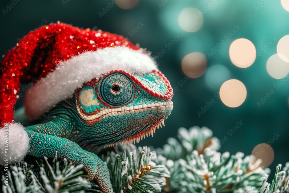 A cute chameleon in a red and white Christmas and New Year's hat on a green background with a Christmas tree and fir branches. A Christmas card with a cute animal. Winter wallpapers. Copy space A cute chameleon in a red and white Christmas and New Year's hat on a green background with a Christmas tree and fir branches. A Christmas card with a cute animal. Winter wallpapers. Copy space