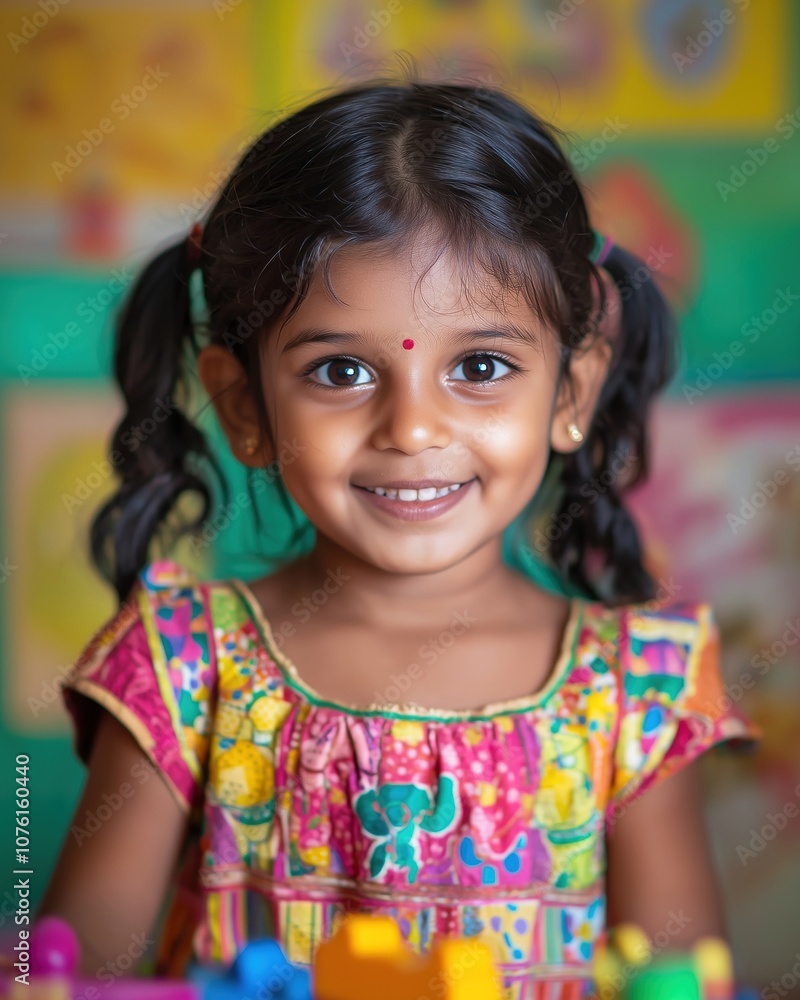 Cheerful Young Girl from India with Colorful Backdrop Cheerful Young Girl from India with Colorful Backdrop