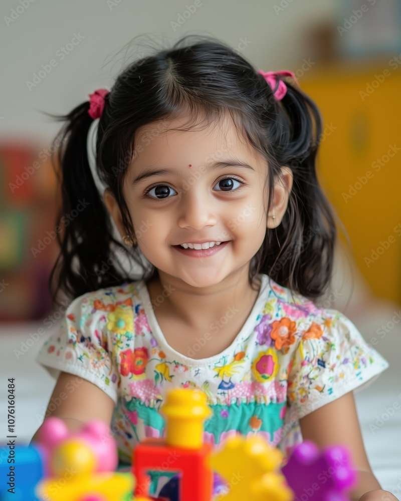 Cheerful Young Indian Girl Playing with Colorful Building Blocks in Playroom Cheerful Young Indian Girl Playing with Colorful Building Blocks in Playroom