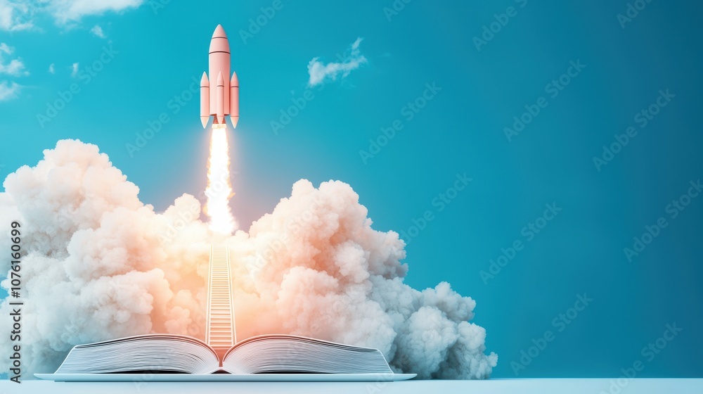 An open book with its pages transforming into a flight of stairs leading towards a rocket launching into the sky, superimposed on a laptop screen, representing the transformative power of e learning. An open book with its pages transforming into a flight of stairs leading towards a rocket launching into the sky, superimposed on a laptop screen, representing the transformative power of e learning.