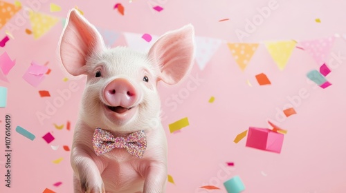 A cheerful pig wearing a bowtie celebrates with colorful decorations and confetti against a pink background.