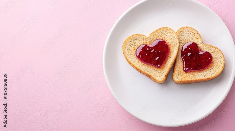 Heart-shaped toast with jam sits on a white plate against a pink background, creating a sweet and romantic aesthetic. Heart-shaped toast with jam sits on a white plate against a pink background, creating a sweet and romantic aesthetic.