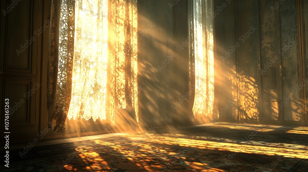 Sunlight pouring through lace curtains in a softly lit room, light casting beautiful shadow details and enhancing the serene atmosphere, photorealistic, hd quality, warm tones. --ar 16:9 Sunlight pouring through lace curtains in a softly lit room, light casting beautiful shadow details and enhancing the serene atmosphere, photorealistic, hd quality, warm tones. --ar 16:9