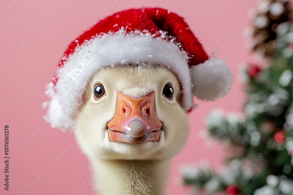 A cute goose in a red and white Christmas and New Year's hat on a pink background with a Christmas tree and fir branches. A Christmas card with a cute animal. Winter wallpapers. Copy space A cute goose in a red and white Christmas and New Year's hat on a pink background with a Christmas tree and fir branches. A Christmas card with a cute animal. Winter wallpapers. Copy space