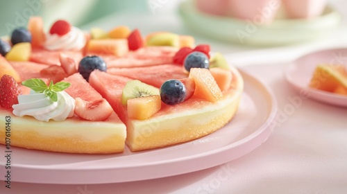 A colorful fruit cake topped with various fresh fruits, whipped cream, and vibrantly arranged on a soft pastel plate.