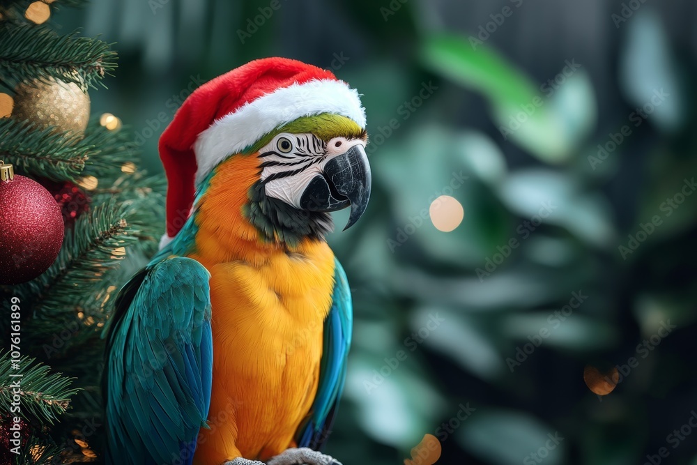 Obraz premium A cute parrot in a red and white Christmas and New Year's hat on a blue background with a Christmas tree and fir branches. A Christmas card with a cute animal. Winter wallpapers. Copy space