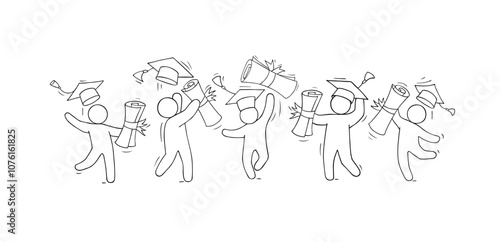 Happy students graduates on ceremony for university or college degree diploma. Success high school education concept. Vector hand drawn people throw graduation caps and certificate scrolls in air