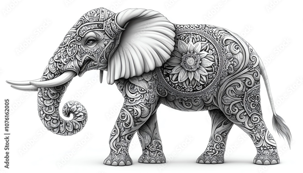 Fototapeta premium Isolated on white background, an artistic tattoo of an elephant with mandala patterns on its head and body, crafted by a professional tattoo artist with a love for wildlife