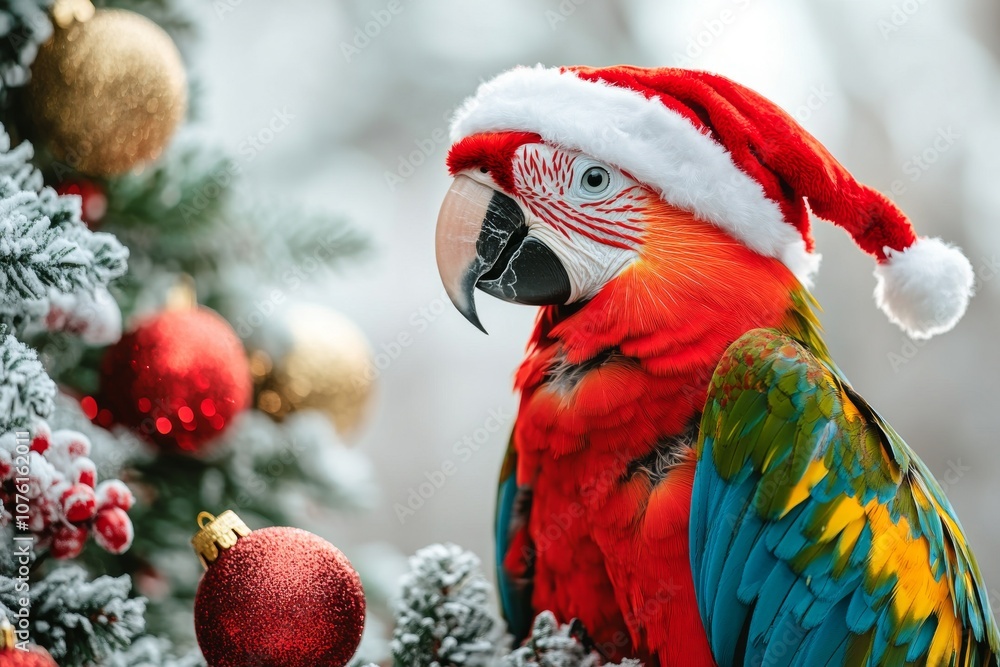 A cute parrot in a red and white Christmas and New Year's hat on a white background with a Christmas tree and fir branches. A Christmas card with a cute animal. Winter wallpapers. Copy space A cute parrot in a red and white Christmas and New Year's hat on a white background with a Christmas tree and fir branches. A Christmas card with a cute animal. Winter wallpapers. Copy space