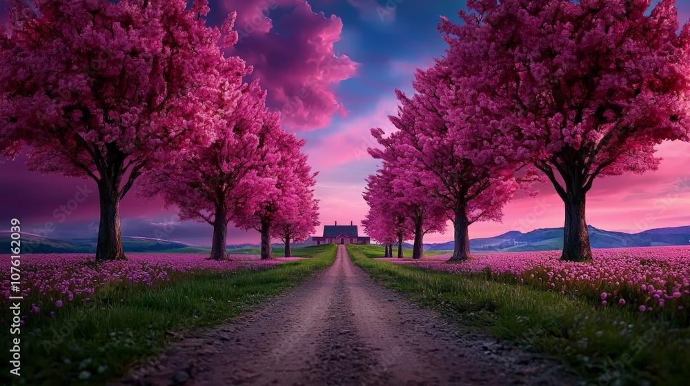 Naklejka premium A Serene Dirt Road Surrounded by Lush Old Trees and Vibrant Pink Blossoms with a Tranquil Sky at Dusk, Evoking Peaceful Natural Beauty