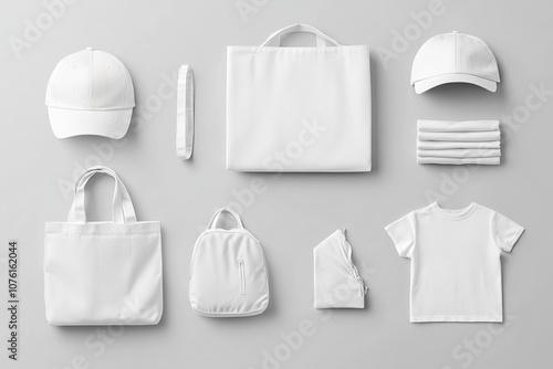 Create high-quality mockups of white children's merchandise items. Include a variety of items such as a tote bag, a baseball cap, generative ai