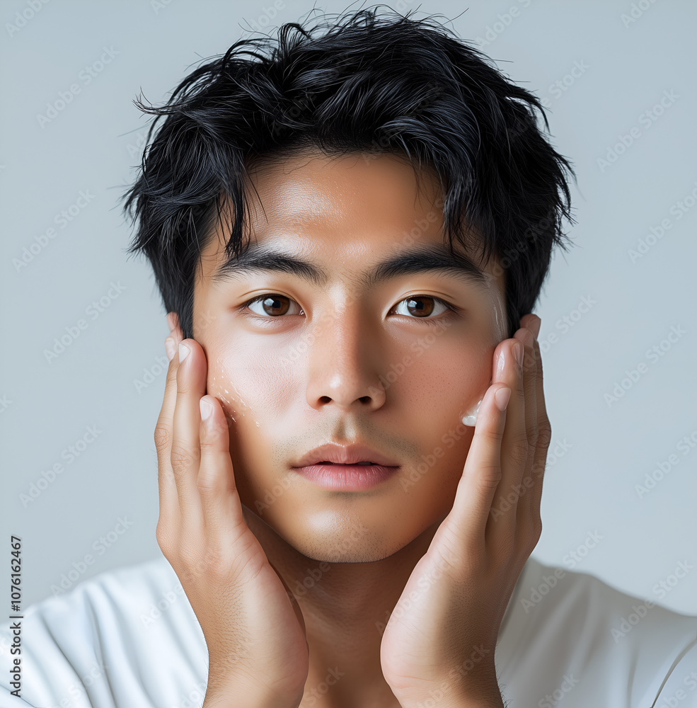 young Asian man with black hair, wearing a white short-sleeved shirt and holding his hands on his face for skin care. The background is a pure gray. young Asian man with black hair, wearing a white short-sleeved shirt and holding his hands on his face for skin care. The background is a pure gray.