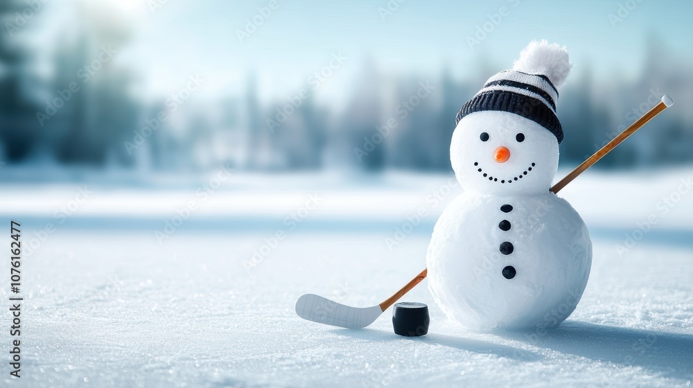 A snowman wearing a pair of ice skates, holding a hockey stick and puck, standing on a frozen lake with a snowy forest in the background, evoking a sense of winter sports and outdoor activities. A snowman wearing a pair of ice skates, holding a hockey stick and puck, standing on a frozen lake with a snowy forest in the background, evoking a sense of winter sports and outdoor activities.