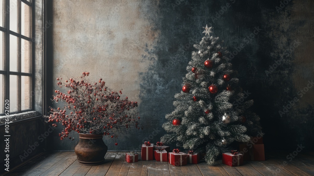 Fototapeta premium Rustic christmas tree decor on weathered wooden background with natural ornaments, pinecones, and festive lights for a cozy, vintage holiday setting