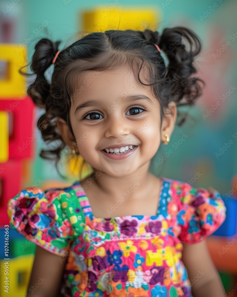 Joyful Indian girl with vibrant dress and cheerful expression playing indoors Joyful Indian girl with vibrant dress and cheerful expression playing indoors