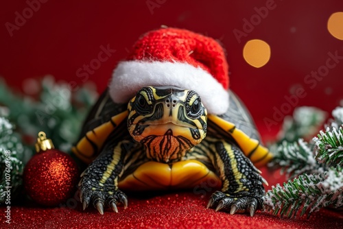 A cute turtle in a red and white Christmas and New Year's hat on a red background with a Christmas tree and fir branches. A Christmas card with a cute animal. Winter wallpapers. Copy space