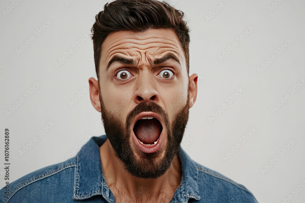 A man with a beard expressing shock or anger, mouth wide open in a dramatic pose. A man with a beard expressing shock or anger, mouth wide open in a dramatic pose.