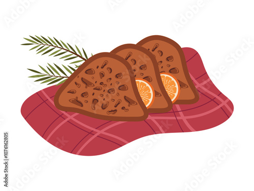 Piece of Stollen . Sweet bread with candied fruit, raisins decorated with orange slices.