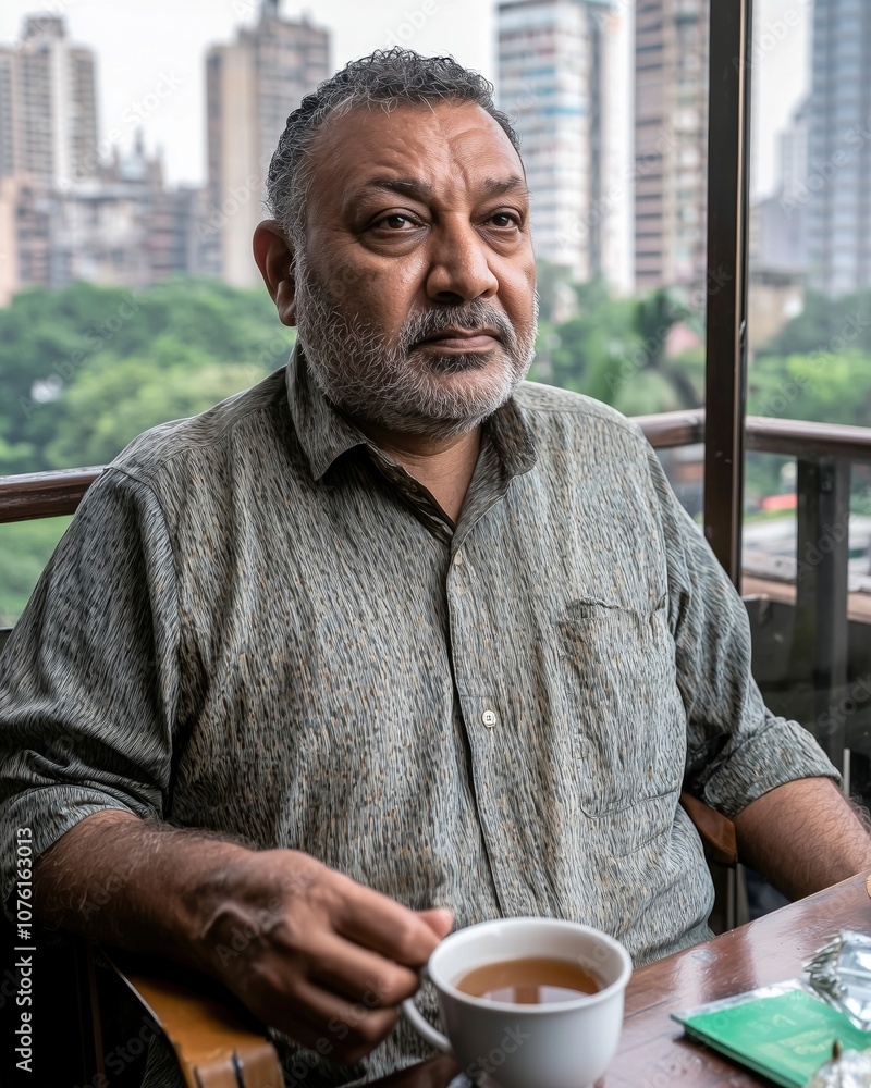 Mature Gentleman Enjoying a Peaceful Moment with a Cup of Beverage on City Balcony Mature Gentleman Enjoying a Peaceful Moment with a Cup of Beverage on City Balcony