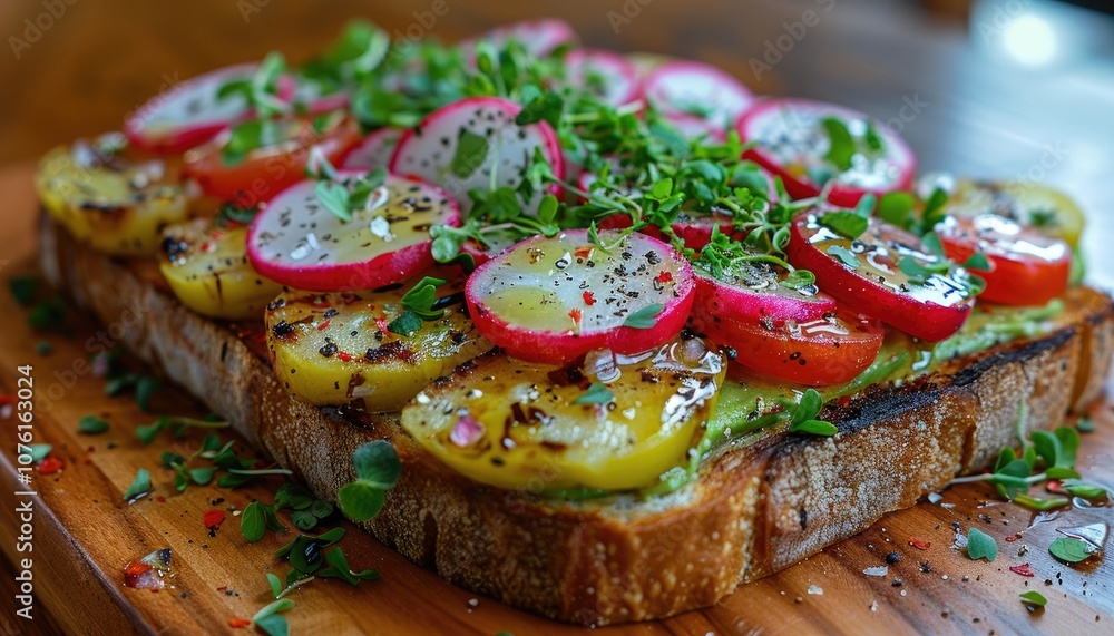 Toasted Bread with Avocado, Radishes, Tomatoes, and Microgreens Toasted Bread with Avocado, Radishes, Tomatoes, and Microgreens