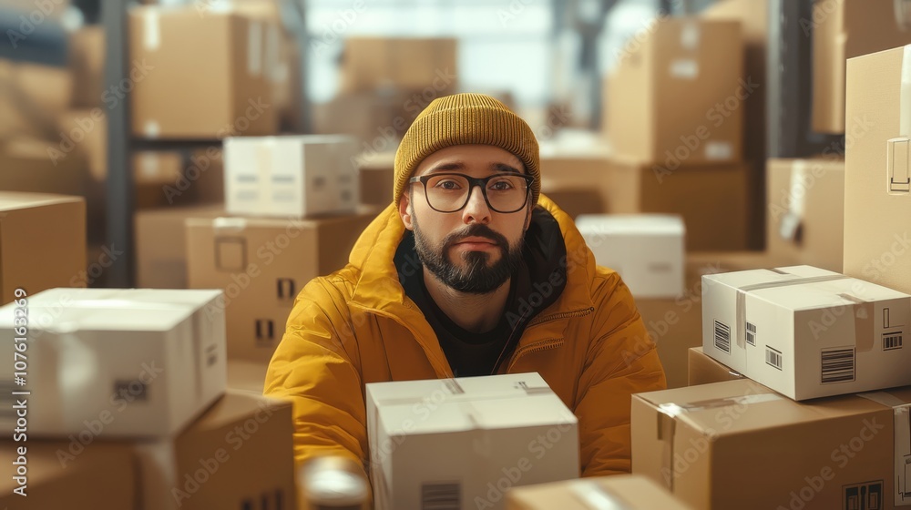 A man wearing a yellow jacket and beanie sits amidst cardboard boxes in a warehouse, highlighting logistics and fulfillment themes. A man wearing a yellow jacket and beanie sits amidst cardboard boxes in a warehouse, highlighting logistics and fulfillment themes.