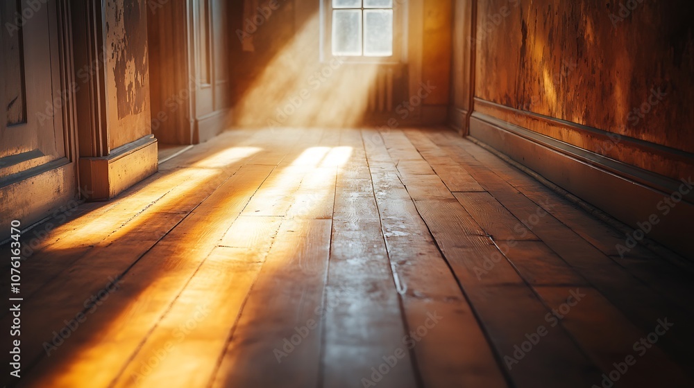 Warm sunbeams stretching into the hallway of an old house, highlighting the wooden floor and casting long, soft shadows, subtle dust particles visible in the light, nostalgic and serene atmosphere, Warm sunbeams stretching into the hallway of an old house, highlighting the wooden floor and casting long, soft shadows, subtle dust particles visible in the light, nostalgic and serene atmosphere,