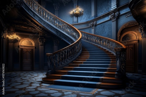 Majestic Grand Staircase in Ornate Hall with Decorative Chandeliers and Rich Textures Emphasizing Elegant Architecture and Opulent Design Features