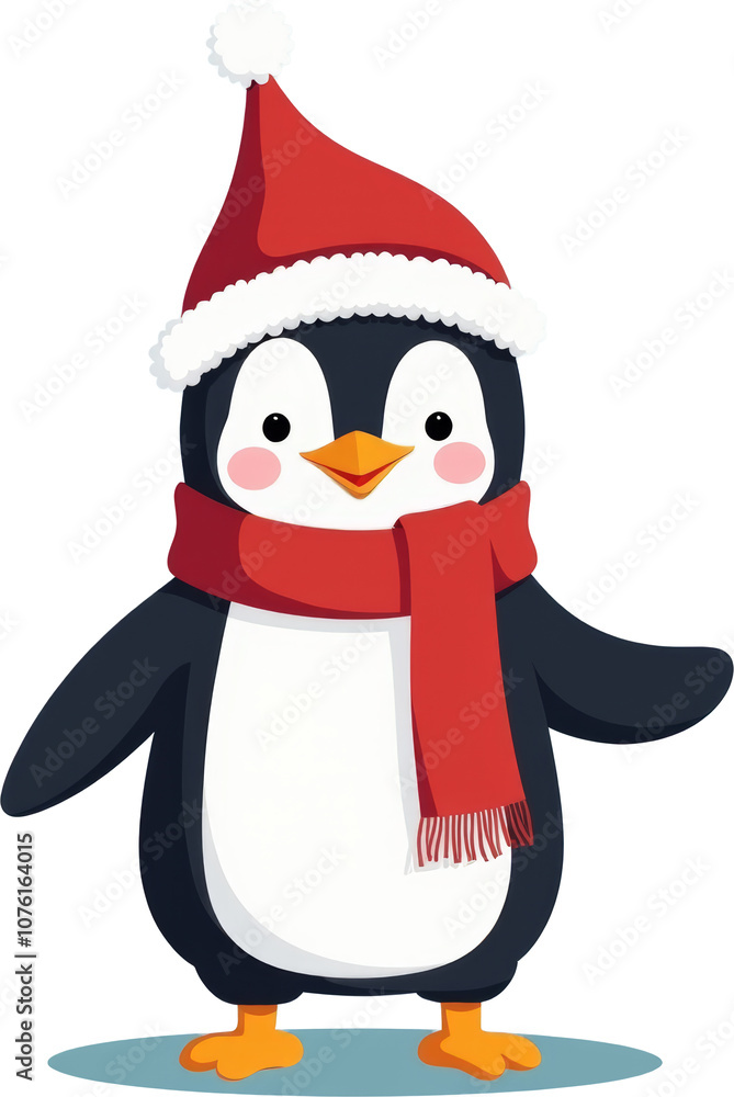 Fototapeta premium Adorable cartoon penguin dressed in a red Santa hat and scarf, smiling warmly. Perfect for winter, holiday themes, and festive decorations. Ideal for Christmas cards and seasonal designs.