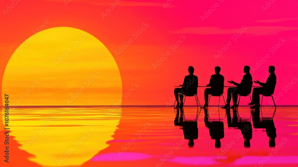 Fototapeta premium A woman ceo engages her team in innovative business strategy discussions amid stunning sunset