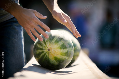 Watermelon traveling down a Conveyor  belt for sorting photo