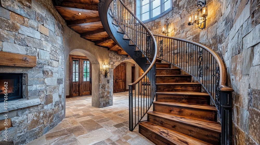 Obraz premium Rustic Spiral Staircase Featuring Elegant Iron Railings and Warm Wooden Steps in a Cozy Stone Interior