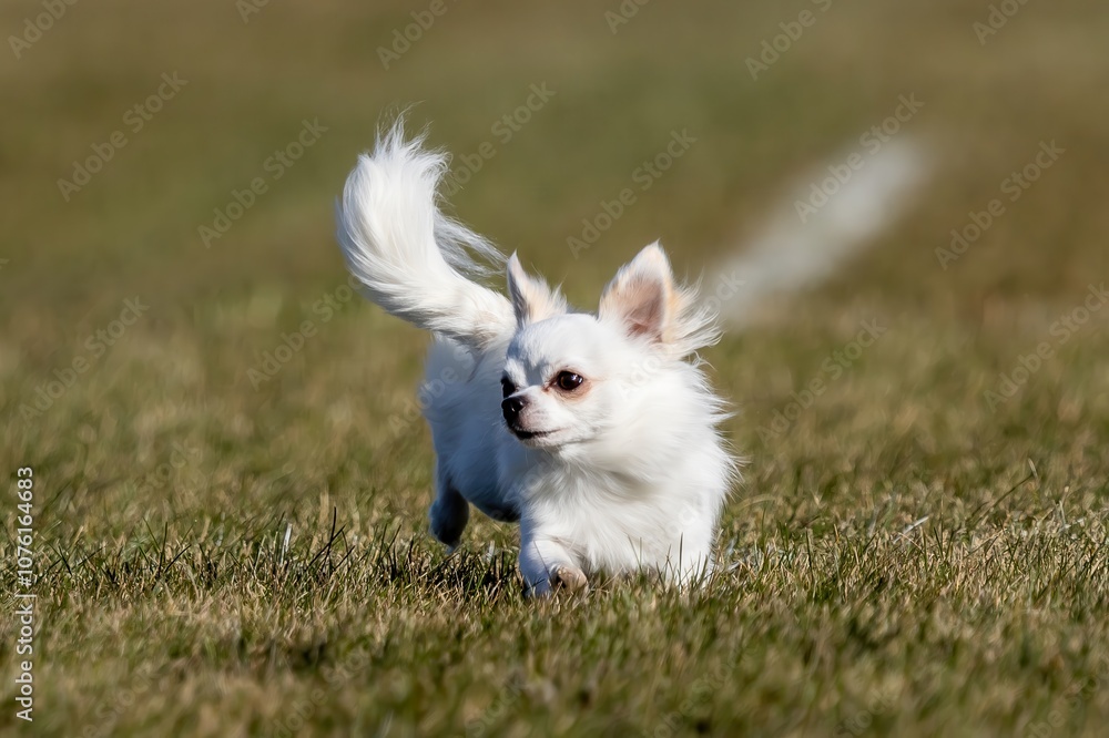 White Long Haired Chihuahua Running Lure Course Sprint Dog Sport White Long Haired Chihuahua Running Lure Course Sprint Dog Sport