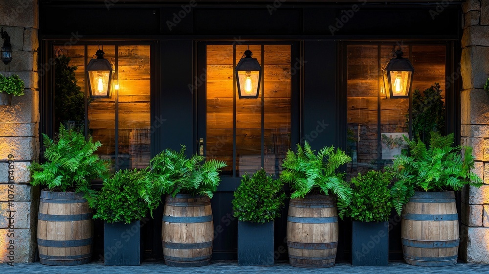 Fototapeta premium Charming Rustic Storefront with Wooden Barrels and Lanterns Surrounded by Lush Greenery, Perfect for Capturing the Essence of Warmth and Welcoming Atmosphere