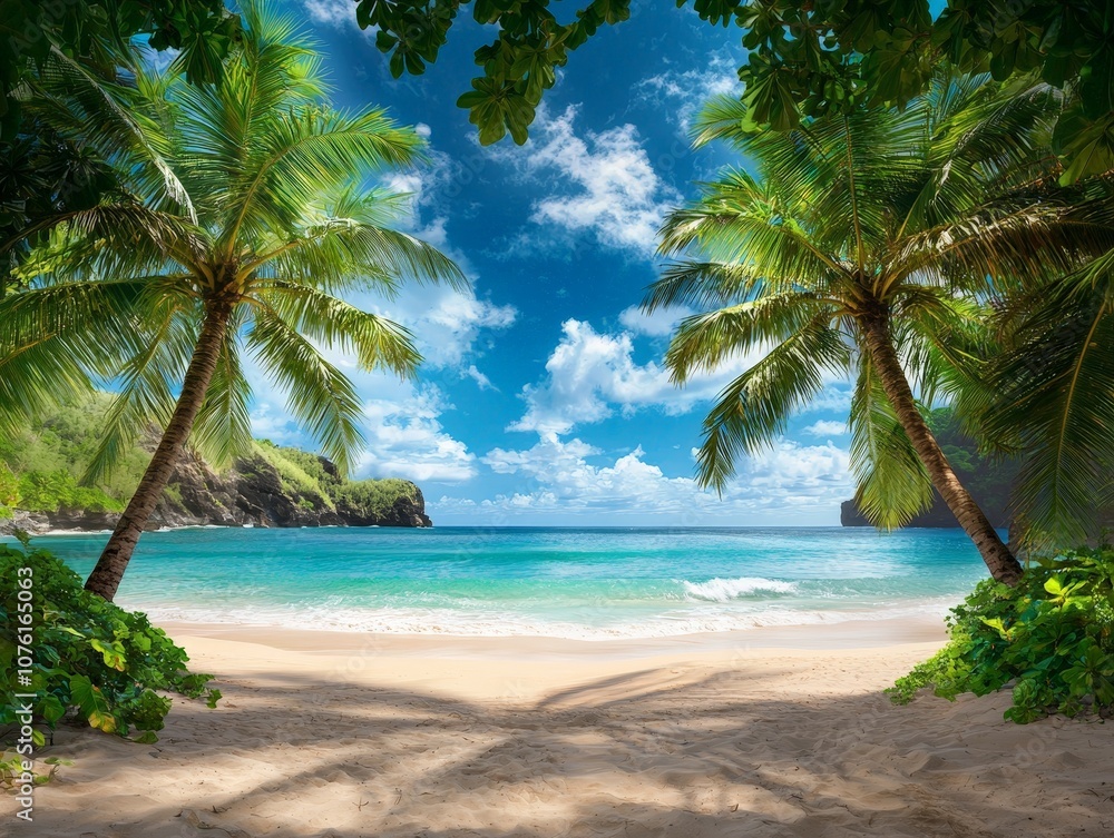 Fototapeta premium A Serene Secluded Sandy Beach Framed by Lush Green Palm Trees Under a Bright Blue Sky with Fluffy Clouds and Tranquil Turquoise Waters