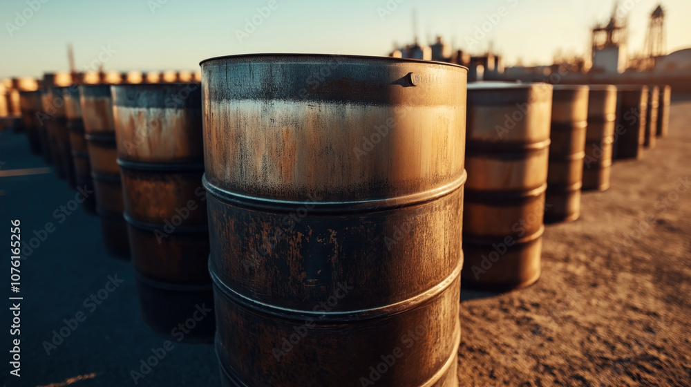 Rusty industrial oil barrels arranged in rows outdoors, illuminated by warm sunlight, creating a vintage and rugged atmosphere in an industrial setting. Rusty industrial oil barrels arranged in rows outdoors, illuminated by warm sunlight, creating a vintage and rugged atmosphere in an industrial setting.