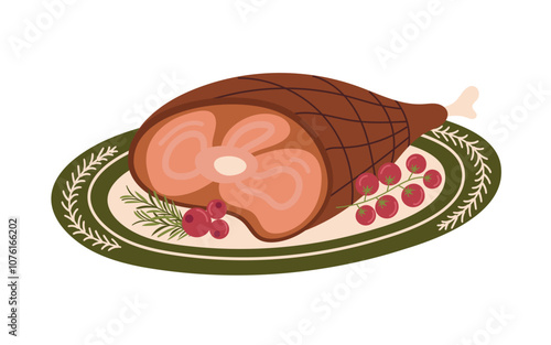 Roast meat, glazed ham with bone. Festive roast pork garnished with oranges, tomatoes and dill.
